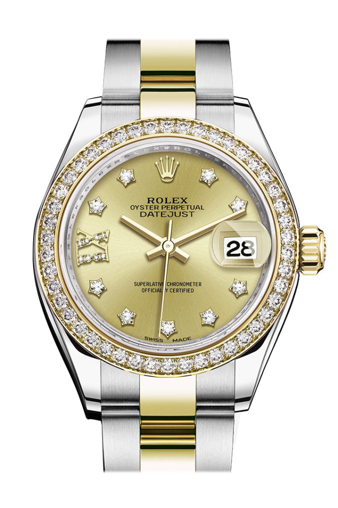 Rolex Datejust 28 Champagne Diamond Star Dial Bezel Yellow Gold Ladies Watch 279383Rbr 279383