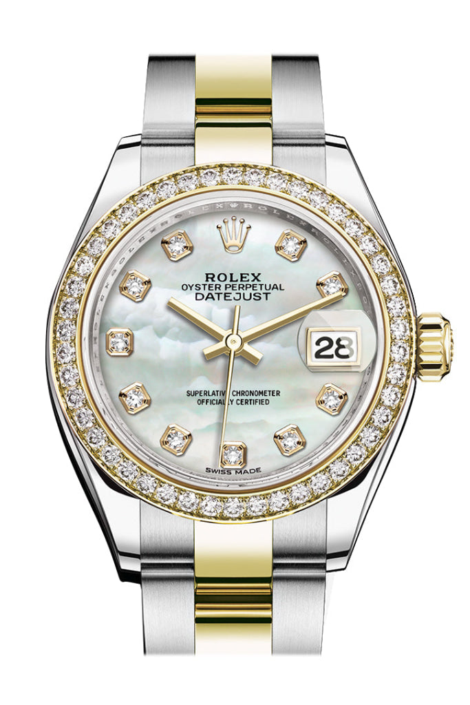 Rolex Datejust 28 White Mother-Of-Pearl Set With Diamonds Dial Diamond Bezel Yellow Gold Ladies