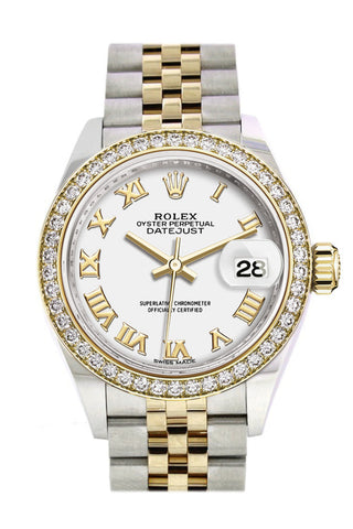 Rolex Datejust 28 White Roman Dial Diamond Bezel Yellow Gold Jubilee Ladies Watch 279383Rbr 279383