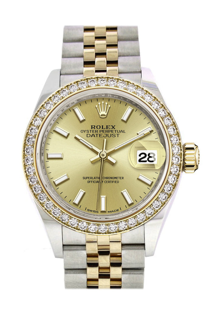 Rolex Datejust 28 Champagne Dial Diamond Bezel Yellow Gold Jubilee Ladies Watch 279383Rbr 279383