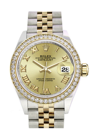 Rolex Datejust 28 Champagne Roman Dial Diamond Bezel Yellow Gold Jubilee Ladies Watch 279383Rbr