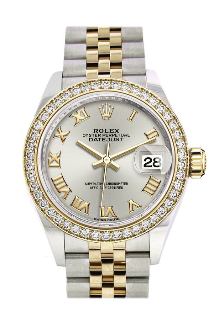 Rolex Datejust 28 Silver Roman Dial Diamond Bezel Yellow Gold Jubilee Ladies Watch 279383Rbr 279383