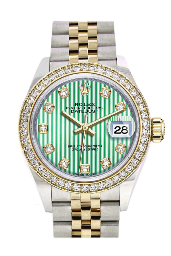 Rolex Datejust 28 Mint Green Set With Diamonds Dial Diamond Bezel Yellow Gold Jubilee Ladies Watch