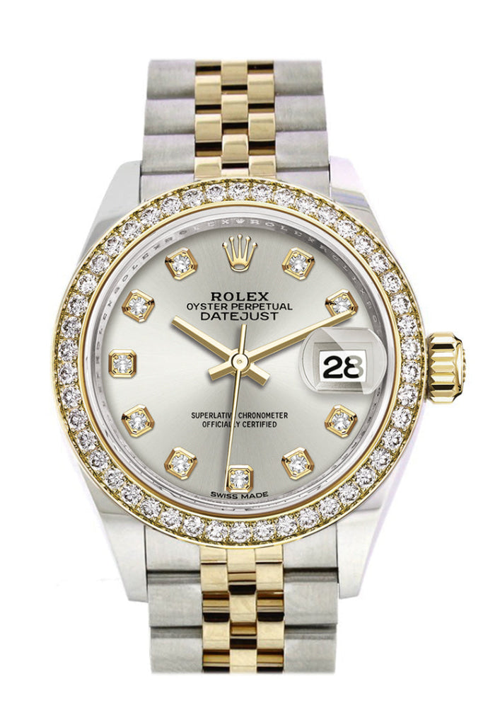 Rolex Datejust 28 Silver Set With Diamonds Dial Diamond Bezel Yellow Gold Jubilee Ladies Watch