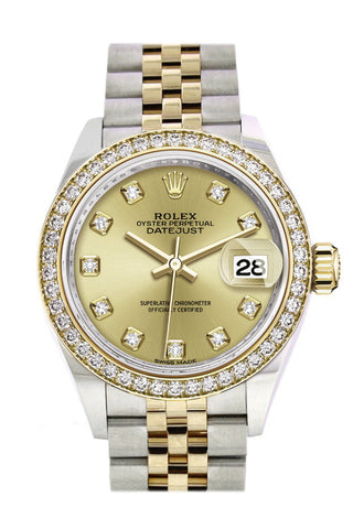 Rolex Datejust 28 Champagne Set With Diamonds Dial Diamond Bezel Yellow Gold Jubilee Ladies Watch