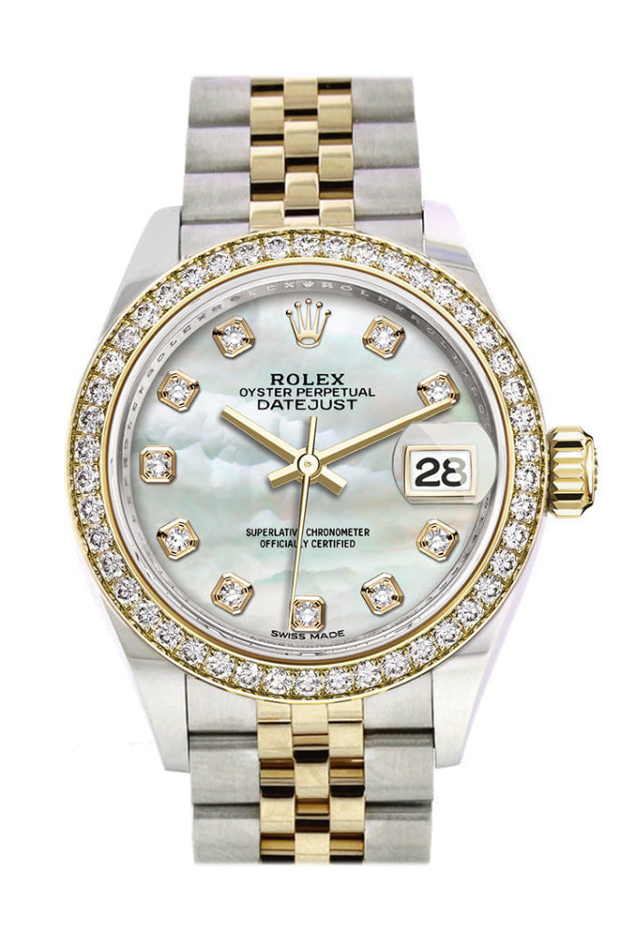 Rolex Datejust 28 White Mother-Of-Pearl Set With Diamonds Dial Diamond Bezel Yellow Gold Jubilee