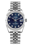 Rolex Datejust 31 Blue Diamond Dial Dome Set With Diamonds Bezel Jubilee Ladies Watch 178344