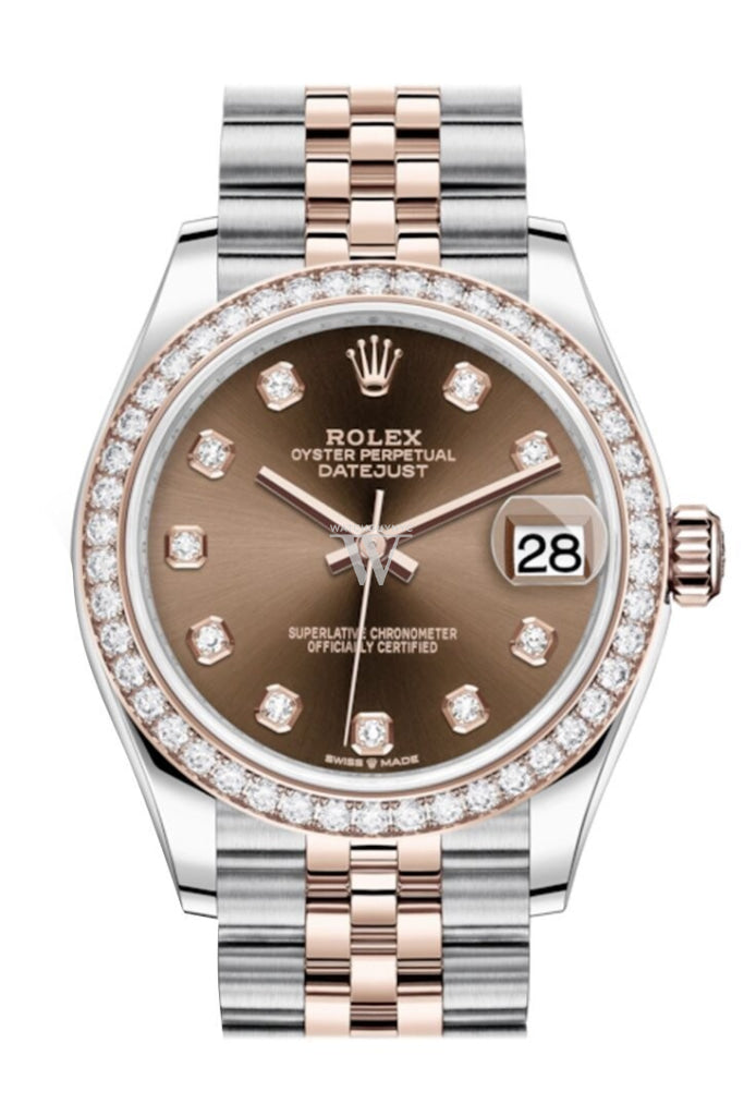 Rolex Datejust 31 Chocolate Diamonds Dial Diamond Bezel Rose Gold Two Tone Jubilee Watch 278381Rbr