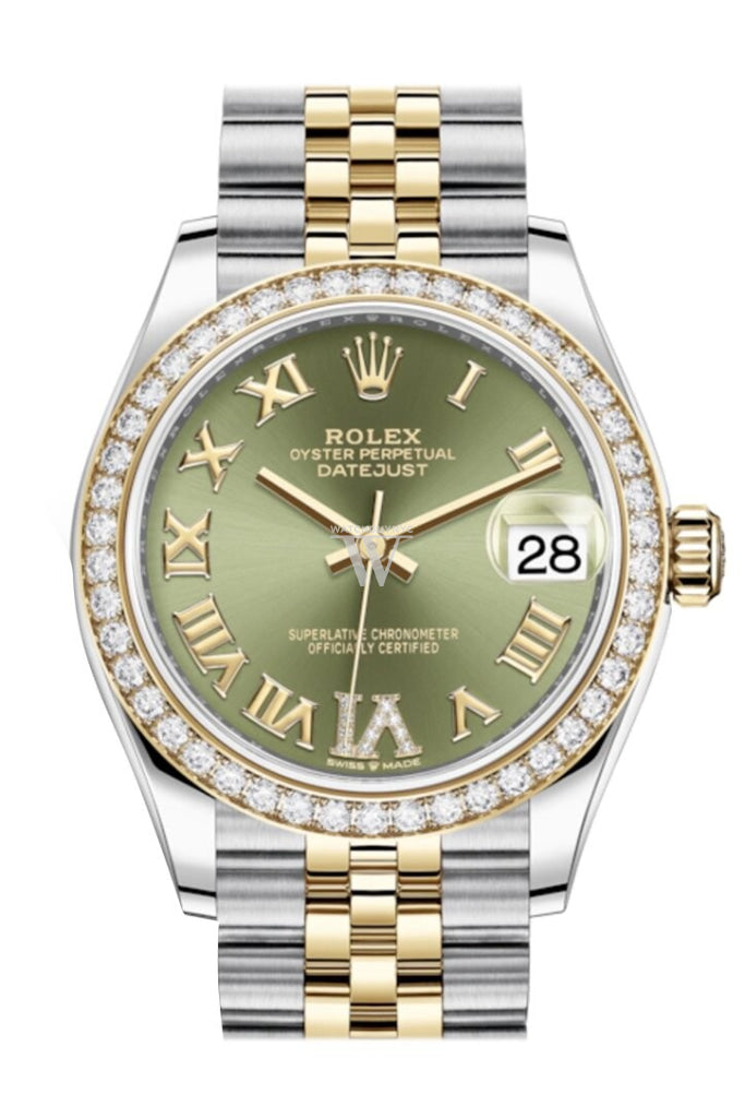 Rolex Datejust 31 Olive Green Vi Diamonds Dial Diamond Bezel Yellow Gold Two Tone Jubilee Watch