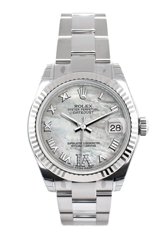 Rolex Datejust 31 Mother Of Pearl Roman Large Vi Diamond Dial White Gold Fluted Bezel Ladies Watch