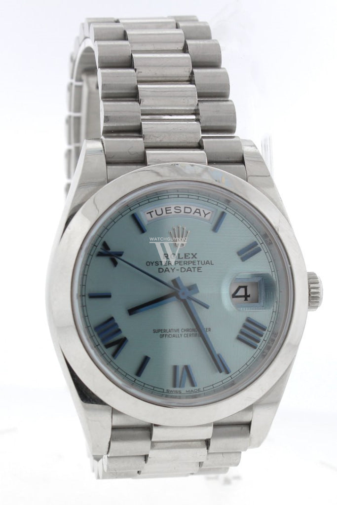 Rolex Day-Date 40 Ice Blue Quadrant Motif Dial Dome Bezel Platinum President Automatic Mens Watch