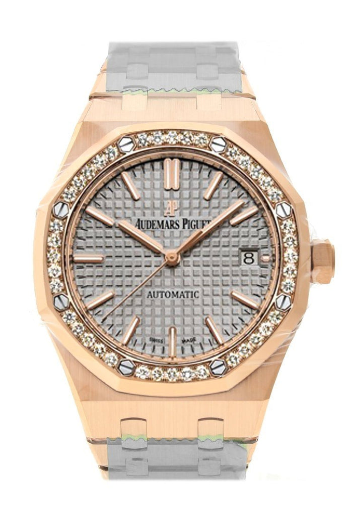 Audemars Piguet Royal Oak 37Mm Grey Nickel-Toned Dial Automatic 18K Pink Gold Ladies Diamond Watch