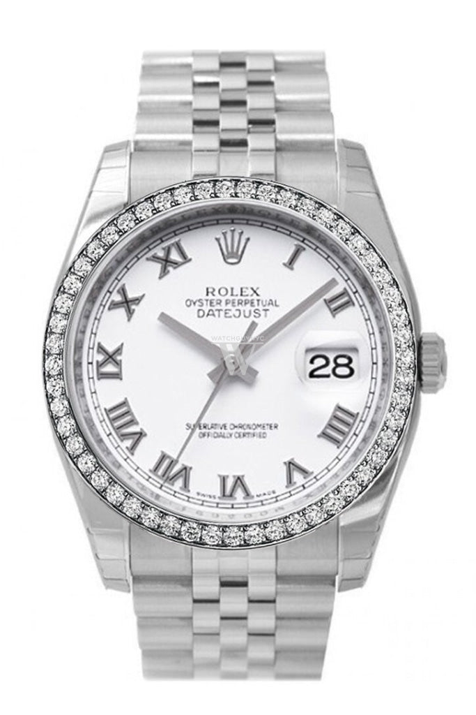 Custom Diamond Bezel Rolex Datejust 36 White Roman Dial Stainless Steel Jubilee Mens Watch 116200