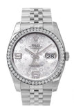 Custom Diamond Bezel Rolex Datejust 36 Silver Floral Motif 2 Arab Dial Stainless Steel Jubilee Mens