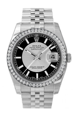 Custom Diamond Bezel Rolex Datejust 36 Silver Black Dial Stainless Steel Jubilee Mens Watch 116200