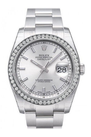 Custom Diamond Bezel Rolex Datejust 36 Silver Index Dial Stainless Steel Jubilee Bracelet Mens Watch