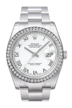 Custom Diamond Bezel Rolex Datejust 36 White Roman Dial Stainless Steel Jubilee Mens Watch 116200