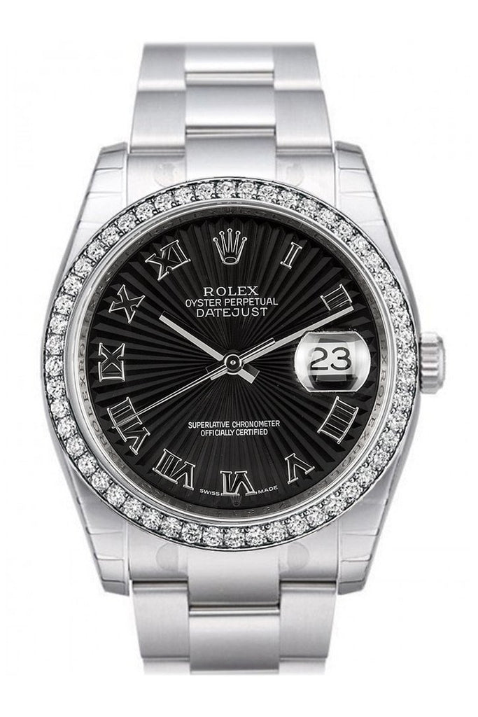 Custom Diamond Bezel Rolex Datejust 36 Black Sunbeam Dial Stainless Steel Oyster Watch 116200