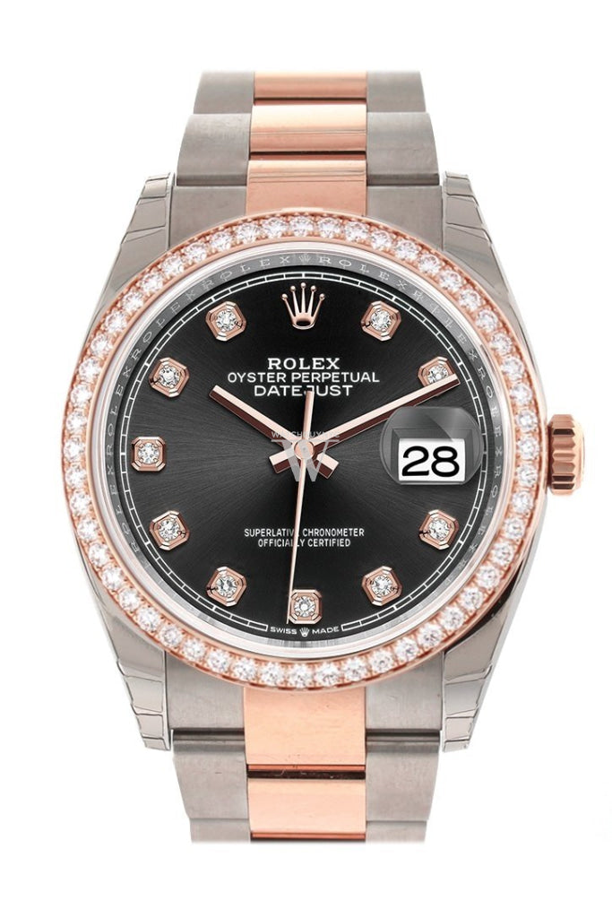 Custom Diamond Bezel Rolex Datejust 36 Black Set With Diamonds Dial Rose Gold Two Tone Watch 126201