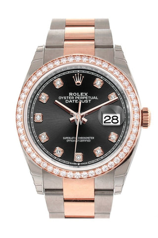 Custom Diamond Bezel Rolex Datejust 36 Black Set With Diamonds Dial Rose Gold Two Tone Watch 126201