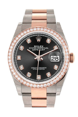 Custom Diamond Bezel Rolex Datejust 36 Black Set With Diamonds Dial Rose Gold Two Tone Watch 126201