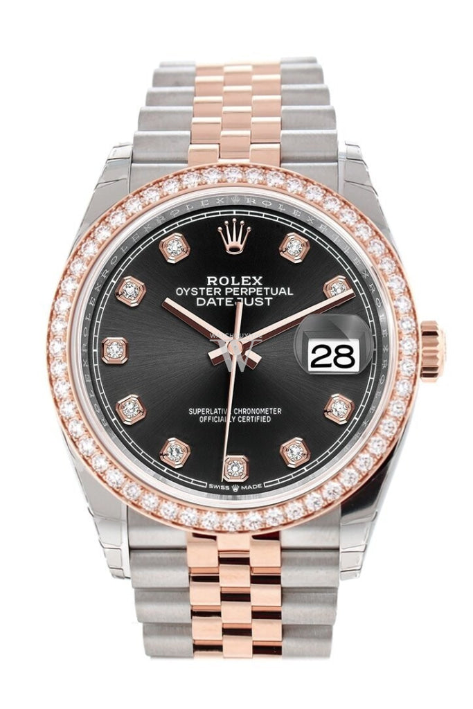 Custom Diamond Bezel Rolex Datejust 36 Black Set With Diamonds Dial Rose Gold Two Tone Jubilee Watch
