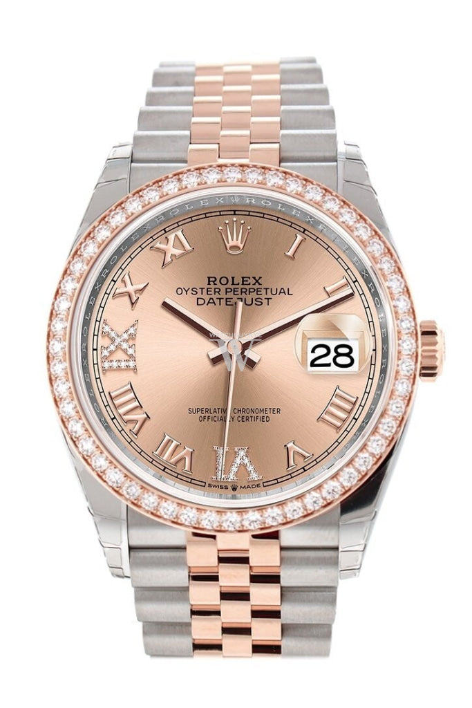 Custom Diamond Bezel Rolex Datejust 36 Rose Set With Diamonds Dial Gold Two Tone Jubilee Watch