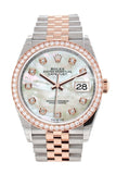 Custom Diamond Bezel Rolex Datejust 36 White Mother-of-Pearl Set with Diamonds Dial Rose Gold Two Tone JubileeWatch 126201