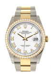 Custom Diamond Bezel Rolex Datejust 36 White Roman Dial Oyster Yellow Gold Two Tone Watch 126203