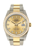 Custom Diamond Bezel Rolex Datejust 36 Champagne-Colour Set with Diamonds Dial Oyster Yellow Gold Two Tone Watch 126203