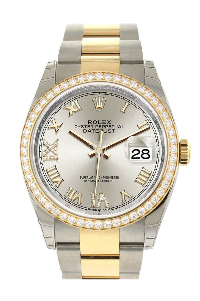 Custom Diamond Bezel Rolex Datejust 36 Silver Set With Diamonds Dial Oyster Yellow Gold Two Tone