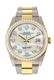 Custom Diamond Bezel Rolex Datejust 36 White Mother-of-Pearl Set with Diamonds Dial Oyster Yellow Gold Two Tone Watch 126203