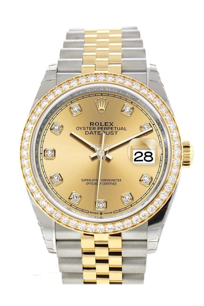 Custom Diamond Bezel Rolex Datejust 36 Champagne-Colour Set With Diamonds Dial Jubilee Yellow Gold