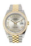 Custom Diamond Bezel Rolex Datejust 36 Silver Set with Diamonds Dial Jubilee Yellow Gold Two Tone Watch 126203