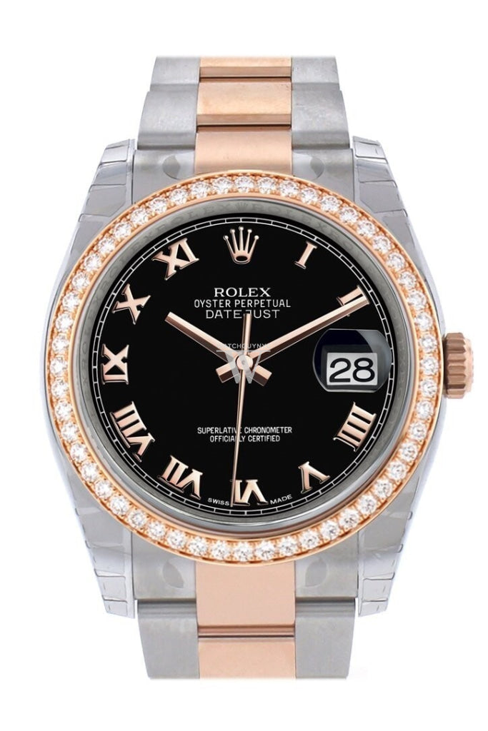 Custom Diamond Bezel Rolex Datejust 36 Black Roman Dial Rose Gold Two Tone Watch 116201 116231