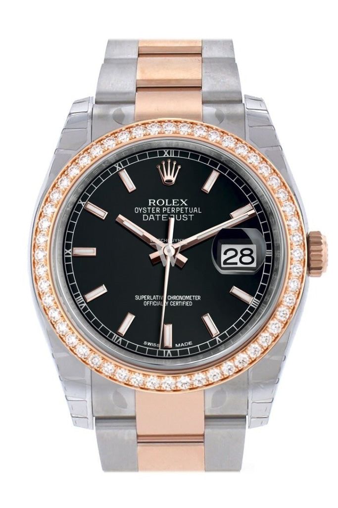Custom Diamond Bezel Rolex Datejust 36 Black Dial Oyster Rose Gold Two Tone Watch 116201 116231