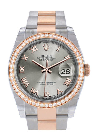 Custom Diamond Bezel Rolex Datejust 36 Steel Roman Dial Rose Gold Two Tone Watch 116201 116231