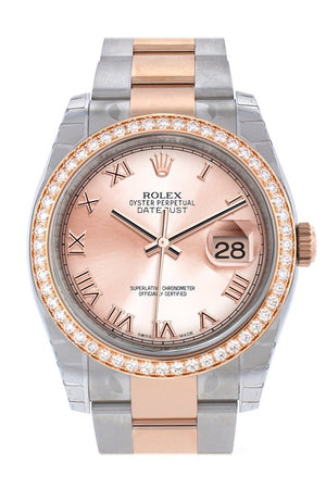 Custom Diamond Bezel Rolex Datejust 36 Pink Roman Dial Oyster Rose Gold Two Tone Watch 116201 116231