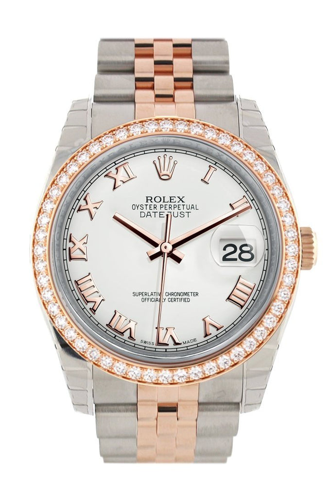 Custom Diamond Bezel Rolex Datejust 36 White Roman Dial Jubilee Rose Gold Two Tone Watch 116201