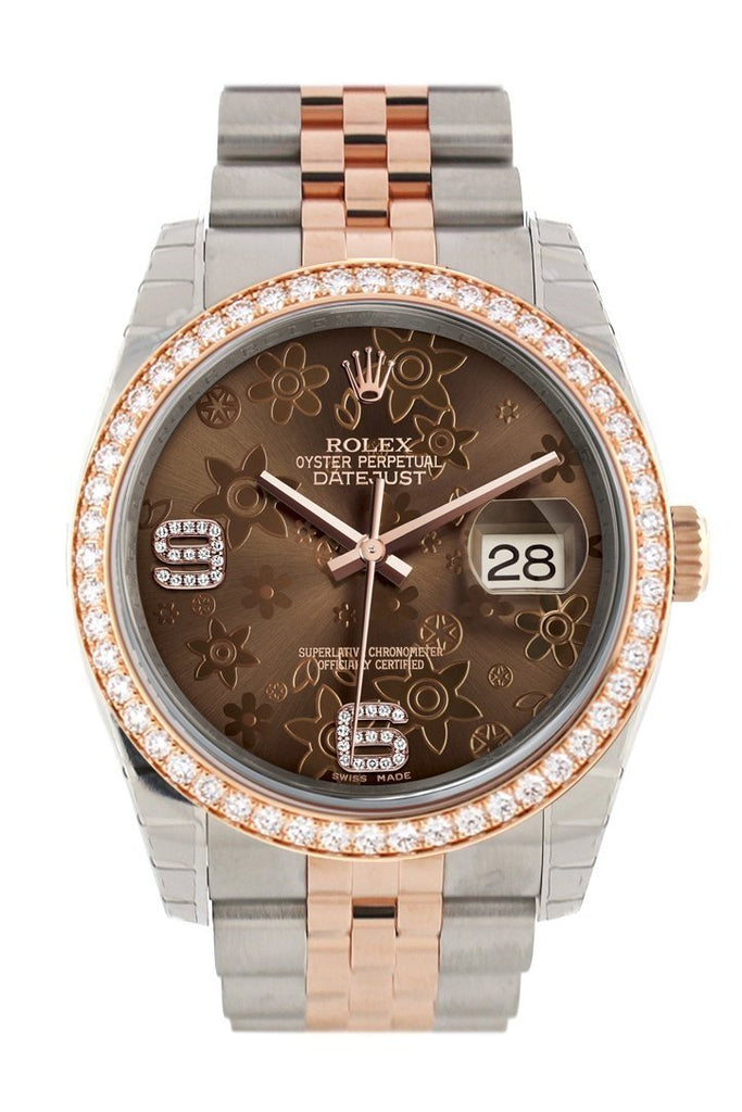 Custom Diamond Bezel Rolex Datejust 36 Chocolate Floral Motif Dial Jubilee Rose Gold Two Tone Watch