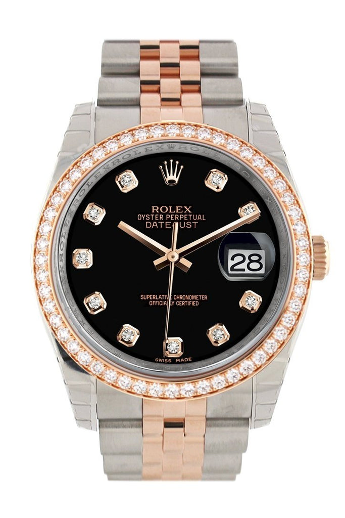 Custom Diamond Bezel Rolex Datejust 36 Black Dial Jubilee Rose Gold Two Tone Watch 116201 116231