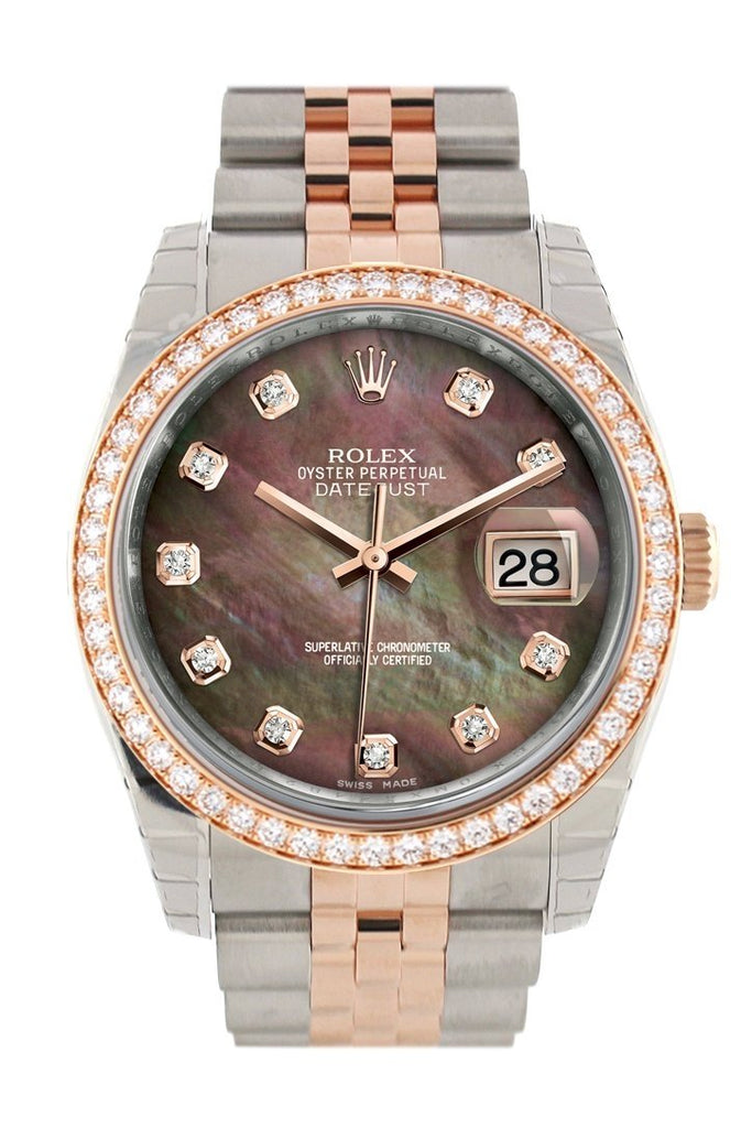 Custom Diamond Bezel Rolex Datejust 36 Black Mother Of Pearl Dial Jubilee Rose Gold Two Tone Watch