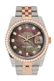 Custom Diamond Bezel Rolex Datejust 36 Black Mother of Pearl Dial Jubilee Rose Gold Two Tone Watch 116201 116231