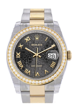 Custom Diamond Bezel Rolex Datejust 36 Black Jubile Roman Dial Oyster Yellow Gold Two Tone Watch