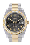 Custom Diamond Bezel Rolex Datejust 36 Black Jubile Roman Dial Oyster Yellow Gold Two Tone Watch 116203 116233