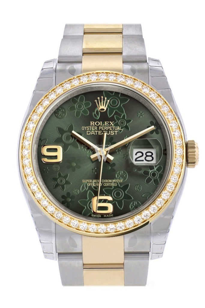 Custom Diamond Bezel Rolex Datejust 36 Green Floral Motif Arab Dial Oyster Yellow Gold Two Tone
