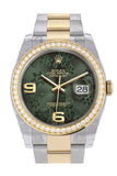Custom Diamond Bezel Rolex Datejust 36 Green floral motif Arab Dial Oyster Yellow Gold Two Tone Watch 116203