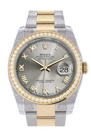 Custom Diamond Bezel Rolex Datejust 36 Steel Roman Dial Oyster Yellow Gold Two Tone Watch 116203