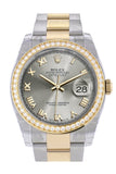 Custom Diamond Bezel Rolex Datejust 36 Steel Roman Dial Oyster Yellow Gold Two Tone Watch 116203