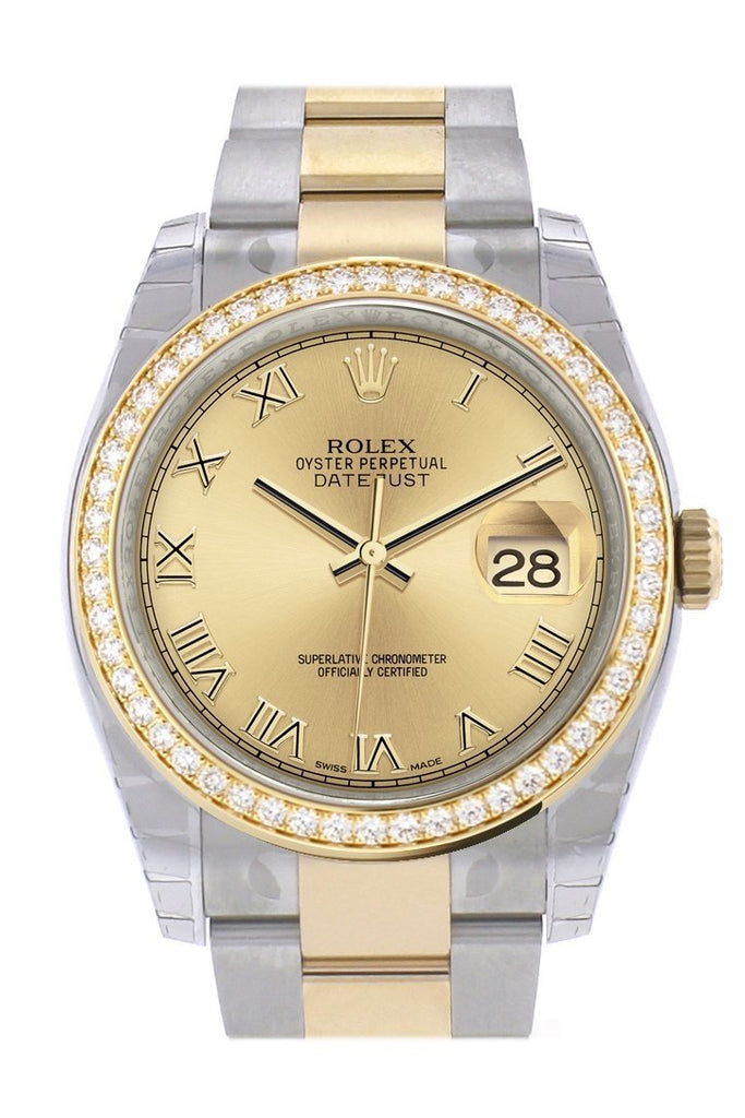 Custom Diamond Bezel Rolex Datejust 36 Champagne Roman Dial Oyster Yellow Gold Two Tone Watch 116203